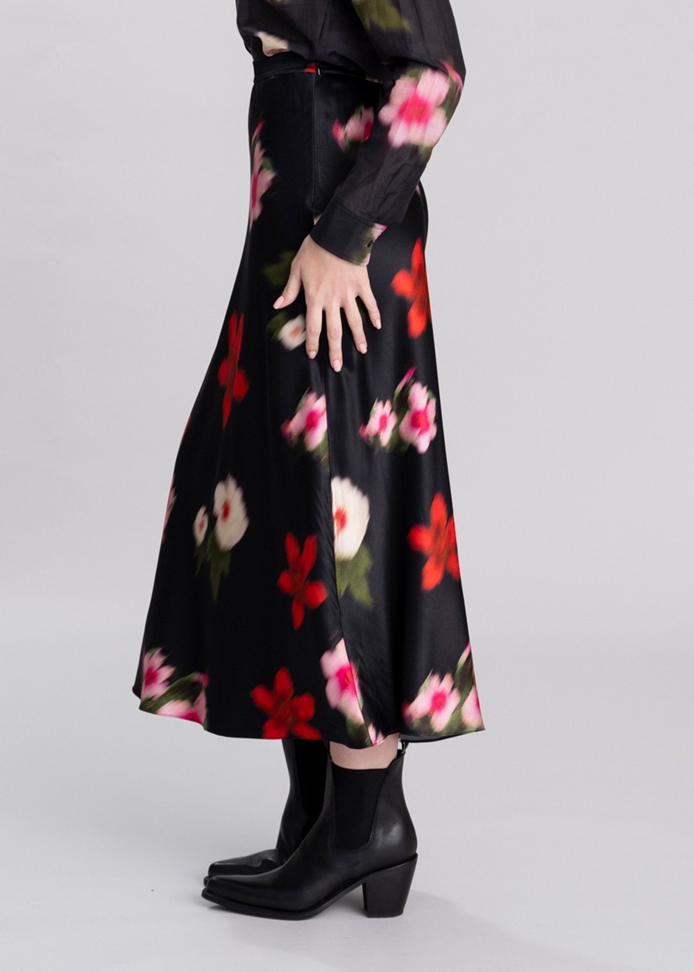 Midi Floral Print A-Line Skirt - Black - 3