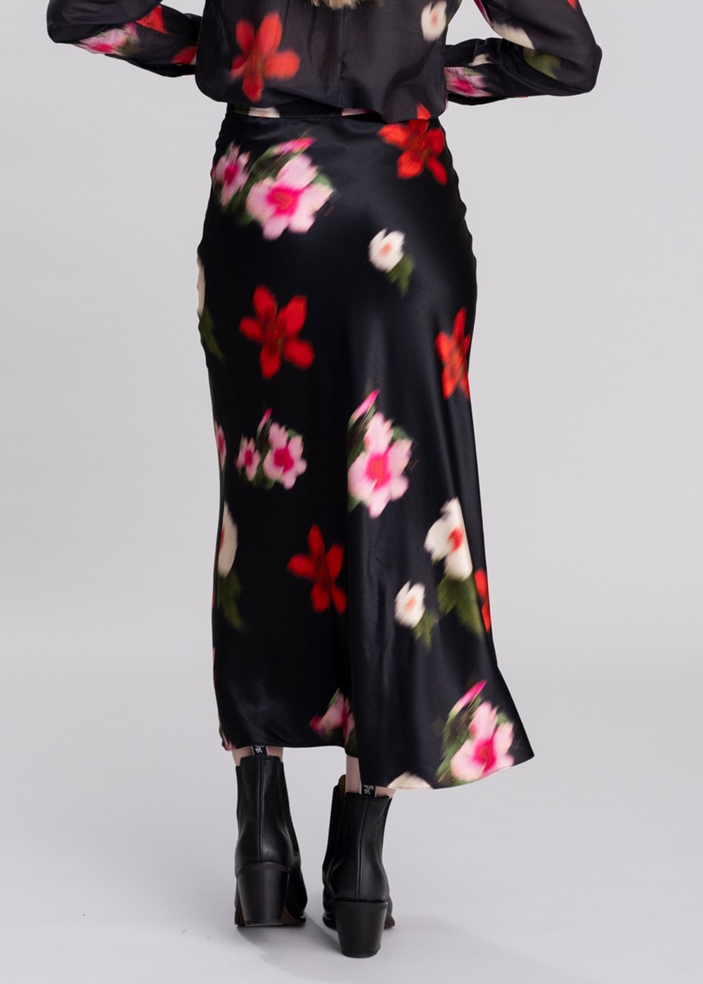 Midi Floral Print A-Line Skirt - Black - 4