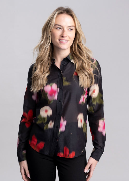 Floral Cotton Silk Shirt - Black - 1