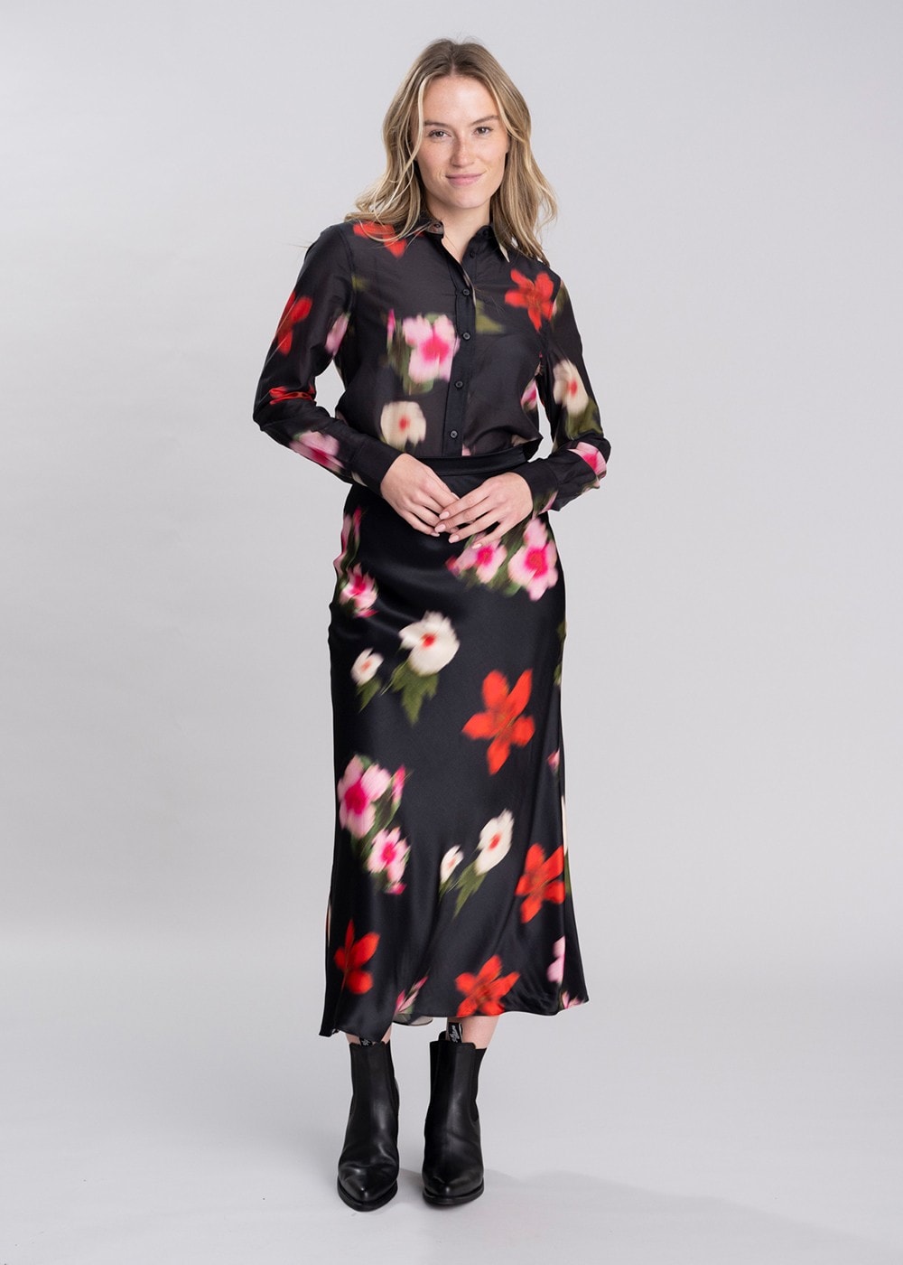 Floral Cotton Silk Shirt - Black - 2