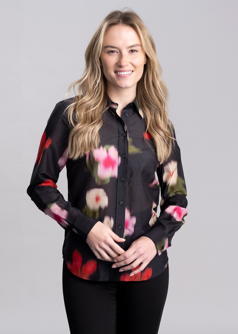 Floral Cotton Silk Shirt - Black - 5